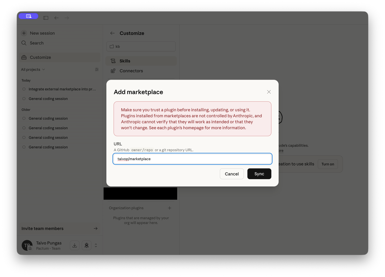 Step 2: Paste the GitHub repo path and click Sync